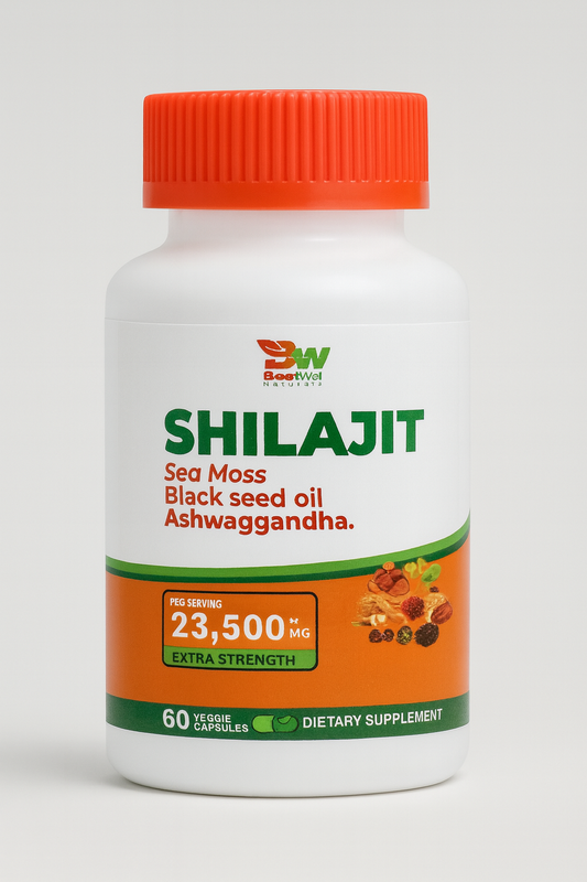 SHILAJIT EXTRA FUERTE 23,500mg - Fórmula 24 en 1 con Musgo Marino + Ashwagandha + Aceite Semilla Negra | Energía, Vitalidad y Resistencia Masculina Natural | 60 Cápsulas