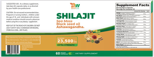 SHILAJIT EXTRA FUERTE 23,500mg - Fórmula 24 en 1 con Musgo Marino + Ashwagandha + Aceite Semilla Negra | Energía, Vitalidad y Resistencia Masculina Natural | 60 Cápsulas