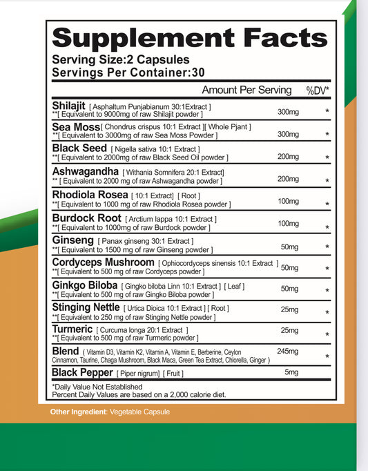 SHILAJIT EXTRA FUERTE 23,500mg - Fórmula 24 en 1 con Musgo Marino + Ashwagandha + Aceite Semilla Negra | Energía, Vitalidad y Resistencia Masculina Natural | 60 Cápsulas