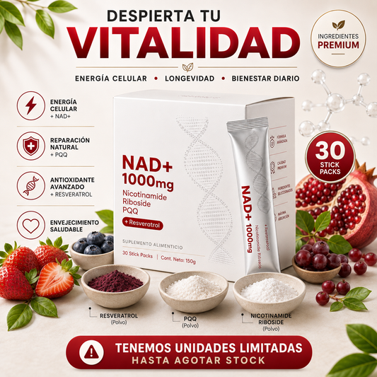 🧬 NAD+ 1000 mg con Nicotinamide Riboside, PQQ y Resveratrol – 30 Sobres