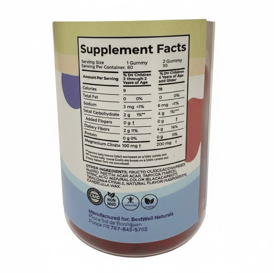 Magnesium Citrate Kids Bestwell - Gomitas Vegetarianas 60ct | Suplemento Dietético para Niños | Sin Gluten