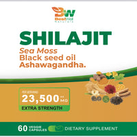 SHILAJIT EXTRA FUERTE 23,500mg - Fórmula 24 en 1 con Musgo Marino + Ashwagandha + Aceite Semilla Negra | Energía, Vitalidad y Resistencia Masculina Natural | 60 Cápsulas