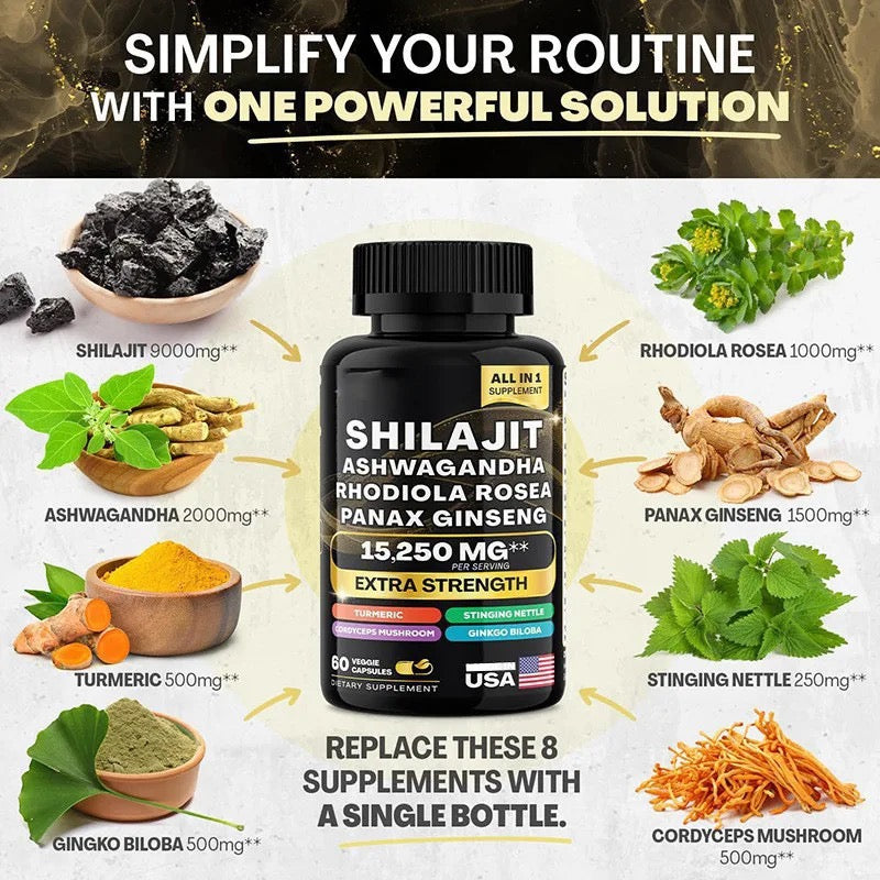 Shilajit, Ashwagandha, Rhodiola Rosea, Panax Ginseng - 15,250 MG Extra Strength (60 Cápsulas)