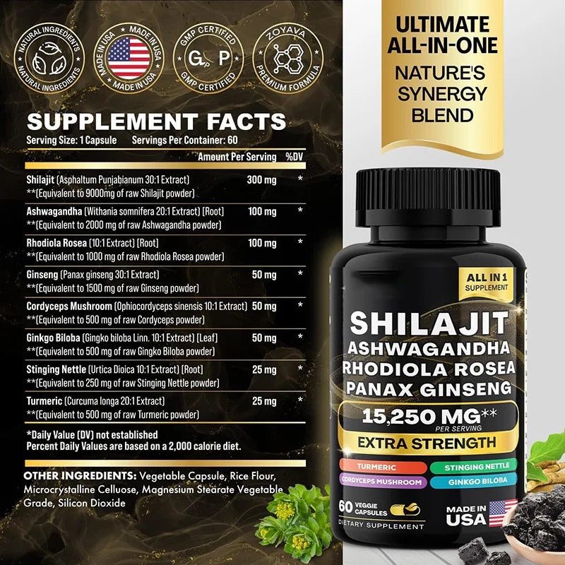 Shilajit, Ashwagandha, Rhodiola Rosea, Panax Ginseng - 15,250 MG Extra Strength (60 Cápsulas)